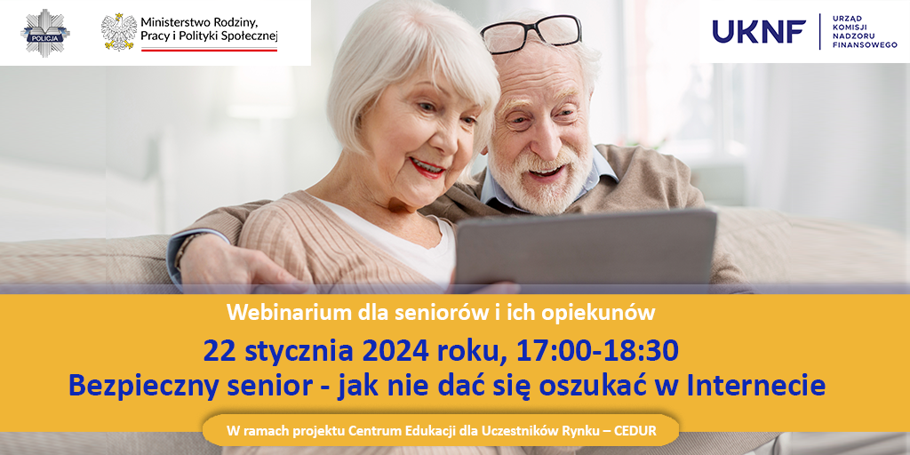 Grafika webinarium CEDUR dla seniorow i ich opiekunow 22 stycznia 2024 roku